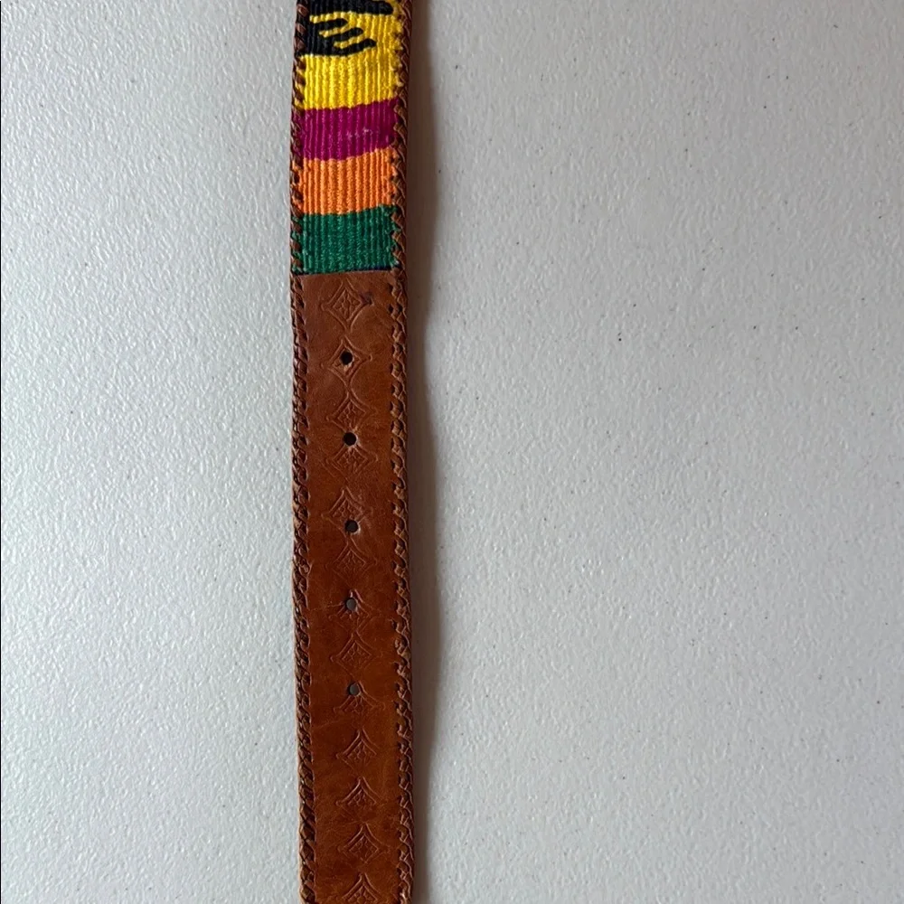 Colorful Woven Strap Belt with Brown Leather Trim handmade Guatemala 37 inches